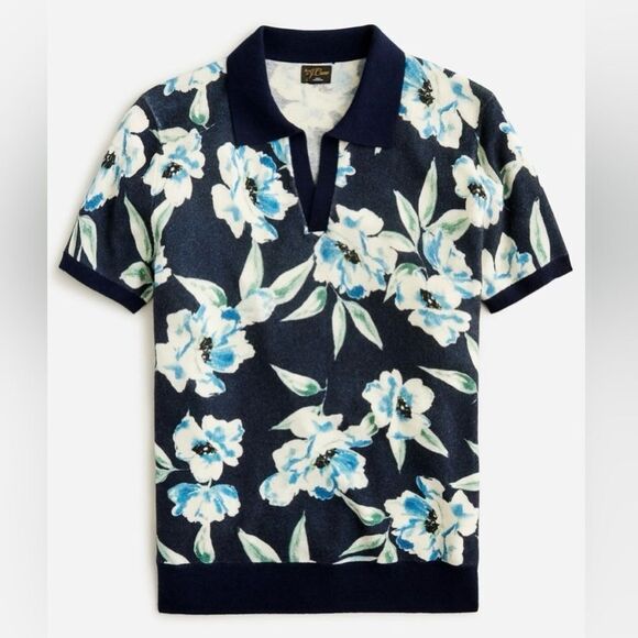 ❤️Lightweight Cashmere Floral Polo Shirt/Sweater - Navy and Blue | L - Picture 1 of 9